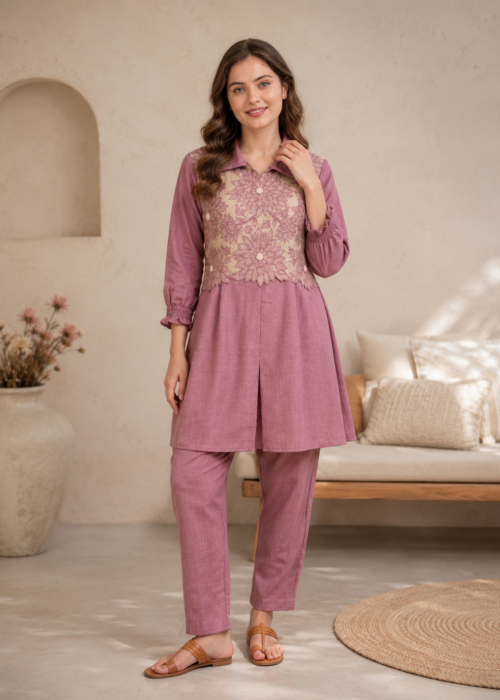 Mauve Floral Embroidered Co-Ord Set for Women