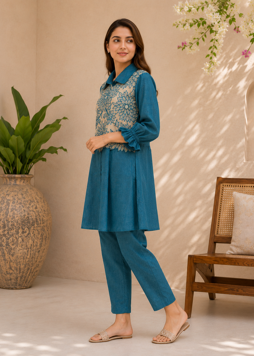 Teal Blue Floral Embroidered Co-Ord Set for Women