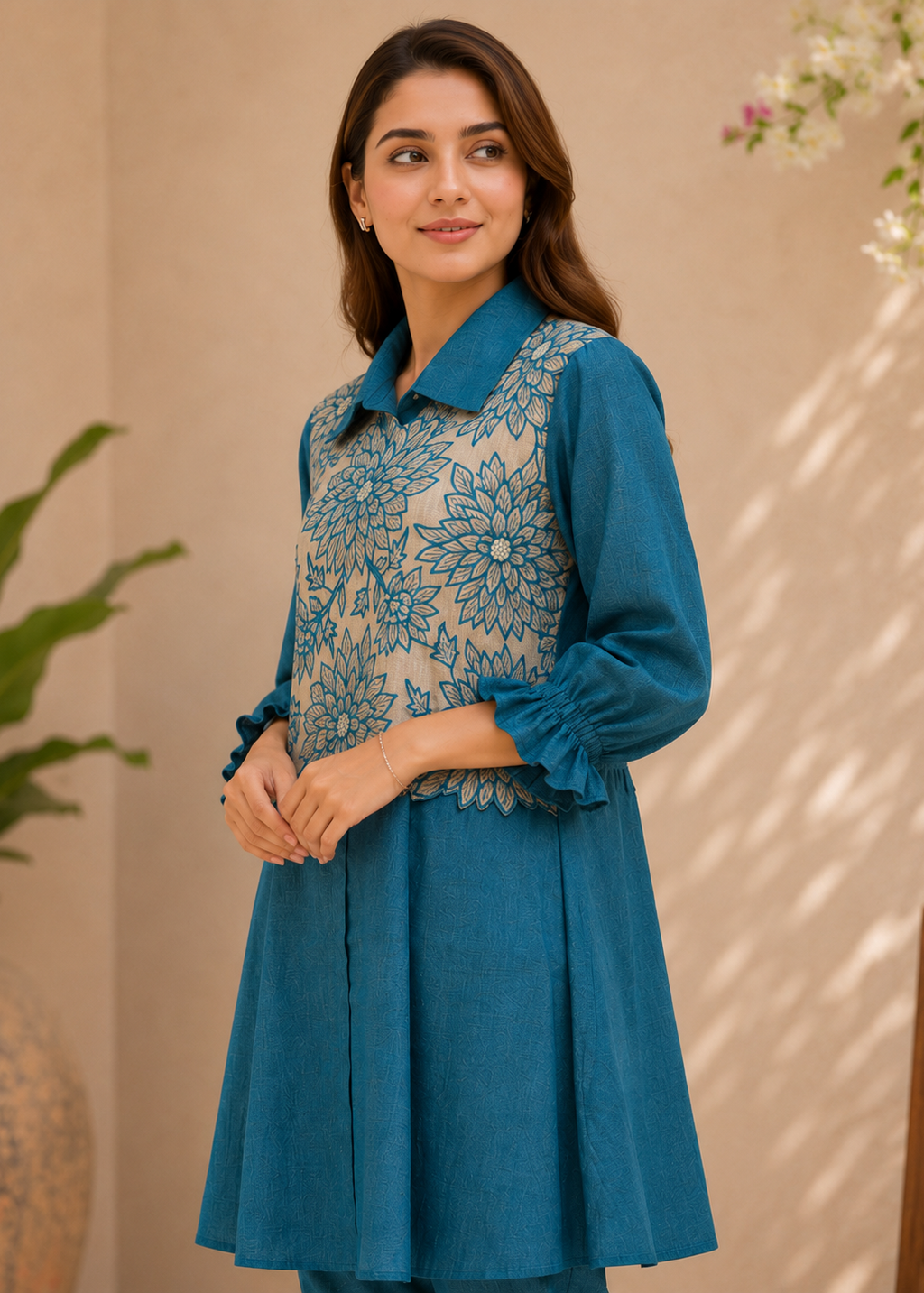 Teal Blue Floral Embroidered Co-Ord Set for Women