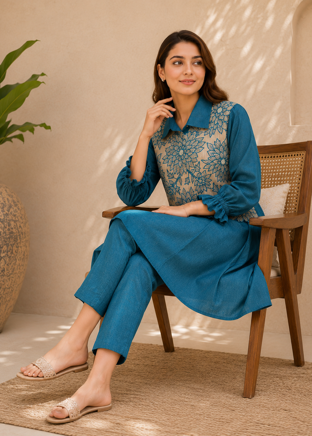 Teal Blue Floral Embroidered Co-Ord Set for Women
