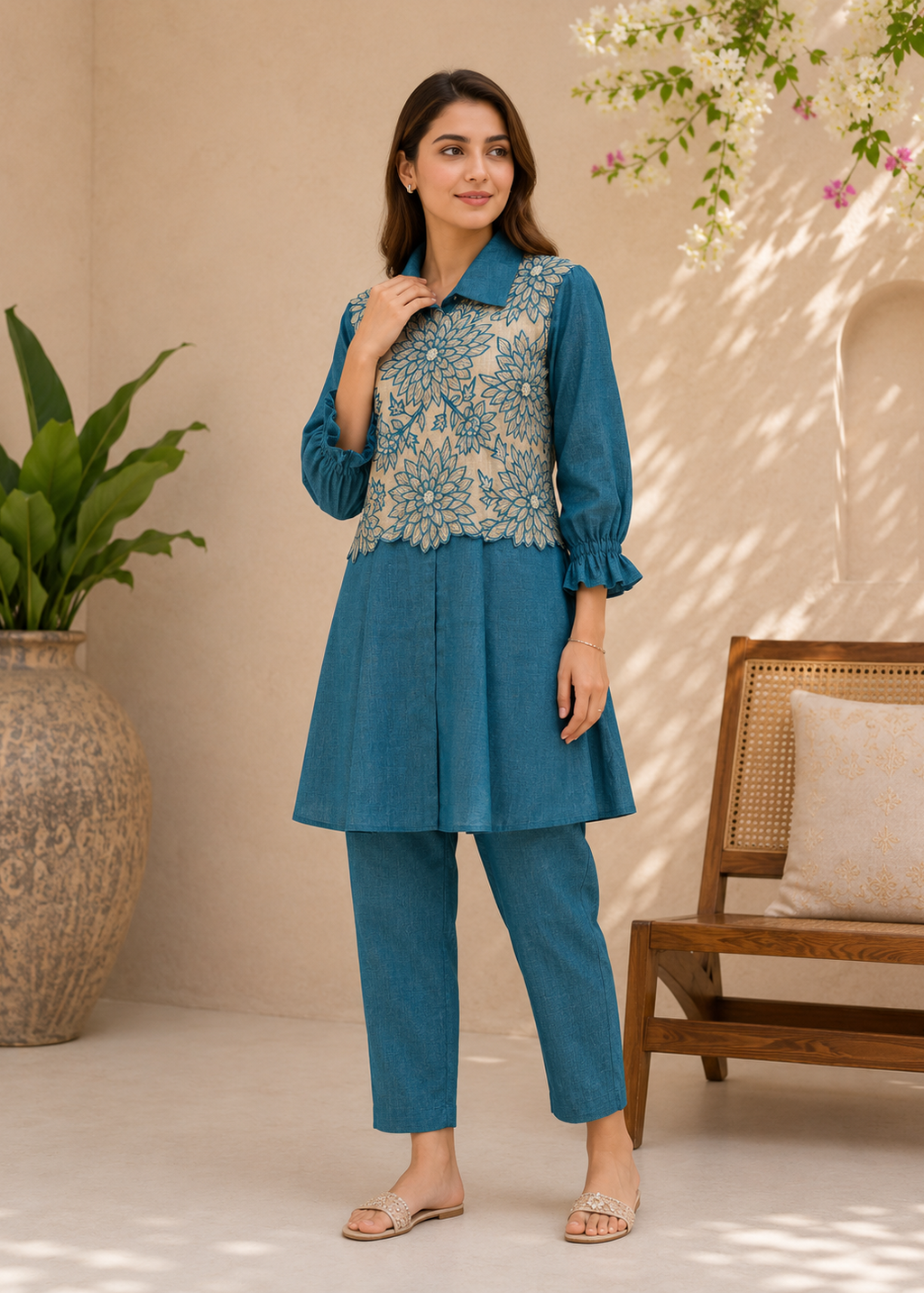 Teal Blue Floral Embroidered Co-Ord Set for Women