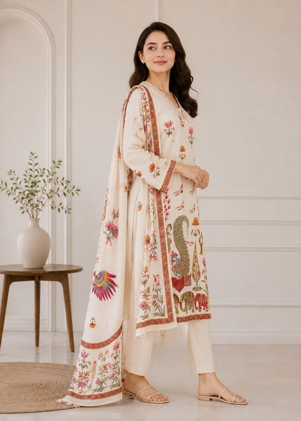 Ivory Heritage Floral Printed Kurta Set with Statement Dupatta