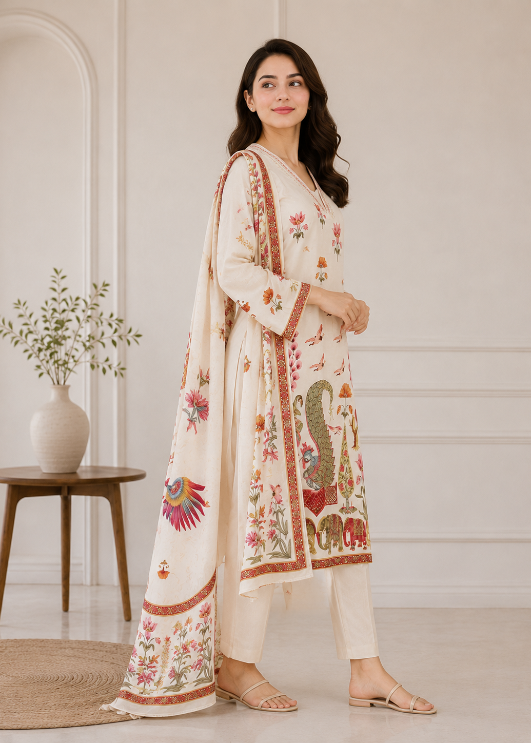 Ivory Heritage Floral Printed Kurta Set with Statement Dupatta