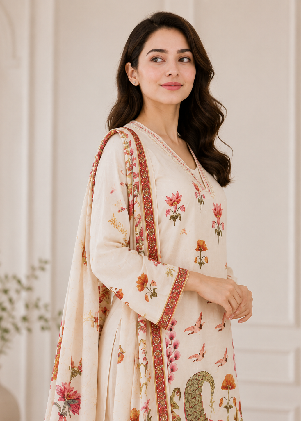 Ivory Heritage Floral Printed Kurta Set with Statement Dupatta