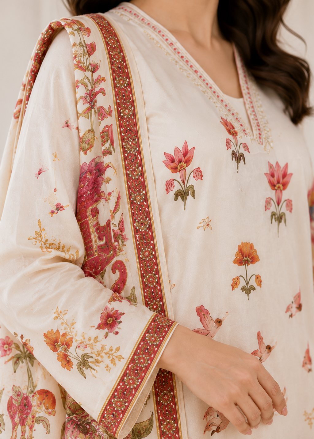 Ivory Heritage Floral Printed Kurta Set with Statement Dupatta