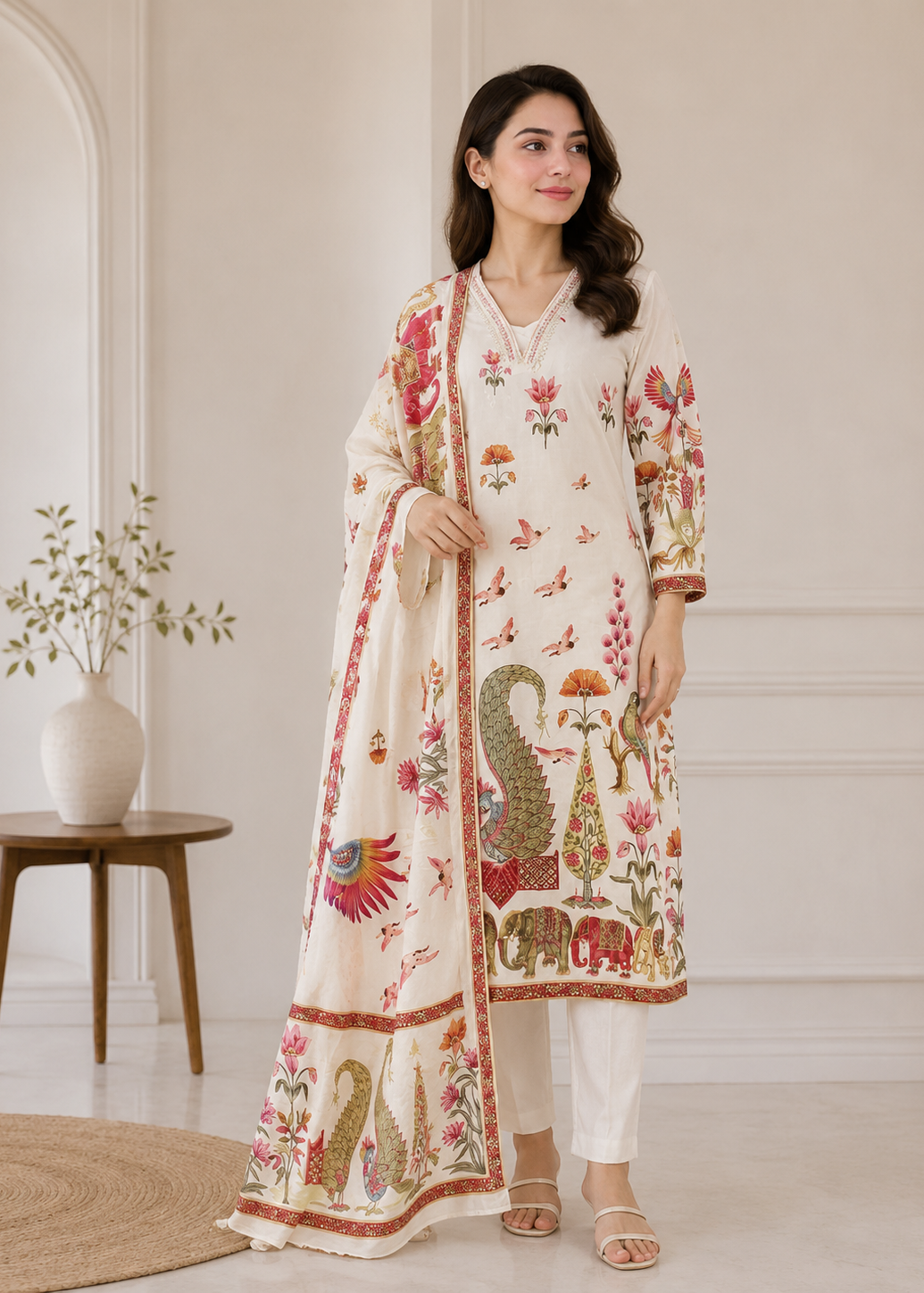 Ivory Heritage Floral Printed Kurta Set with Statement Dupatta