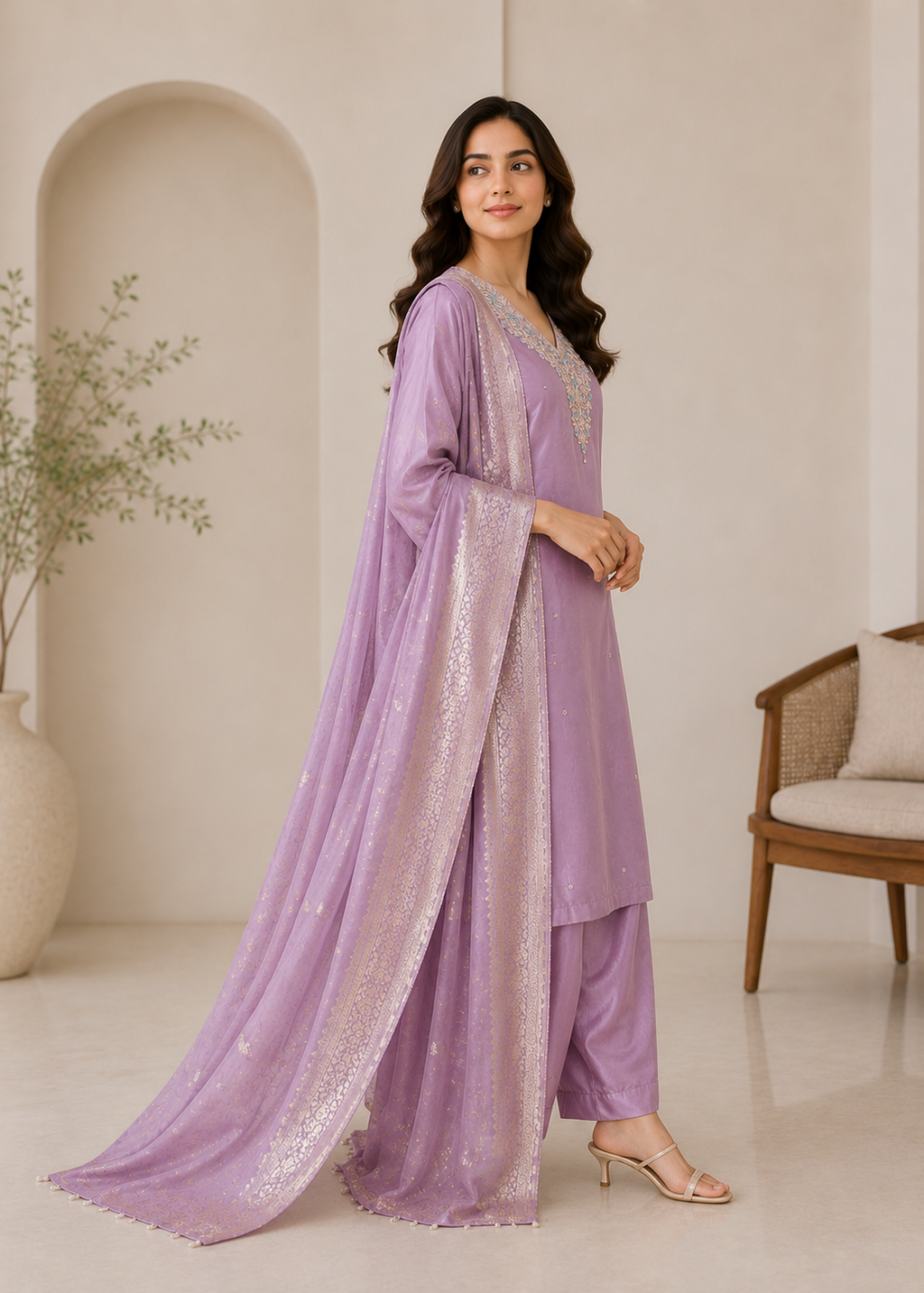 Lavender Zari Woven Dupatta Kurta Set with Embroidered Neckline