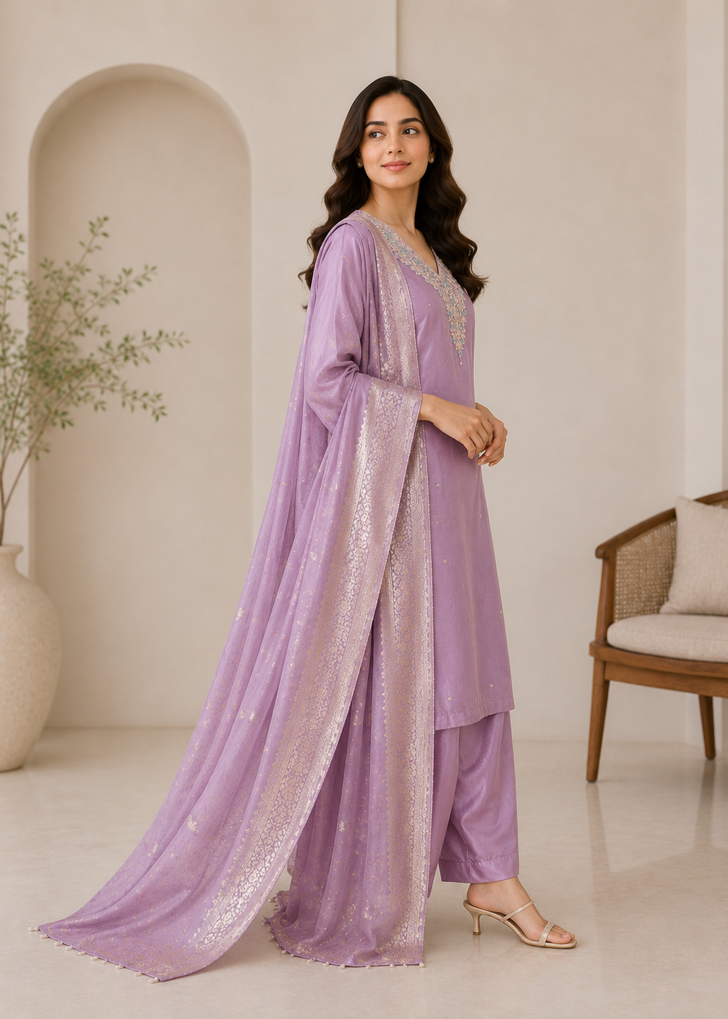 Lavender Zari Woven Dupatta Kurta Set with Embroidered Neckline