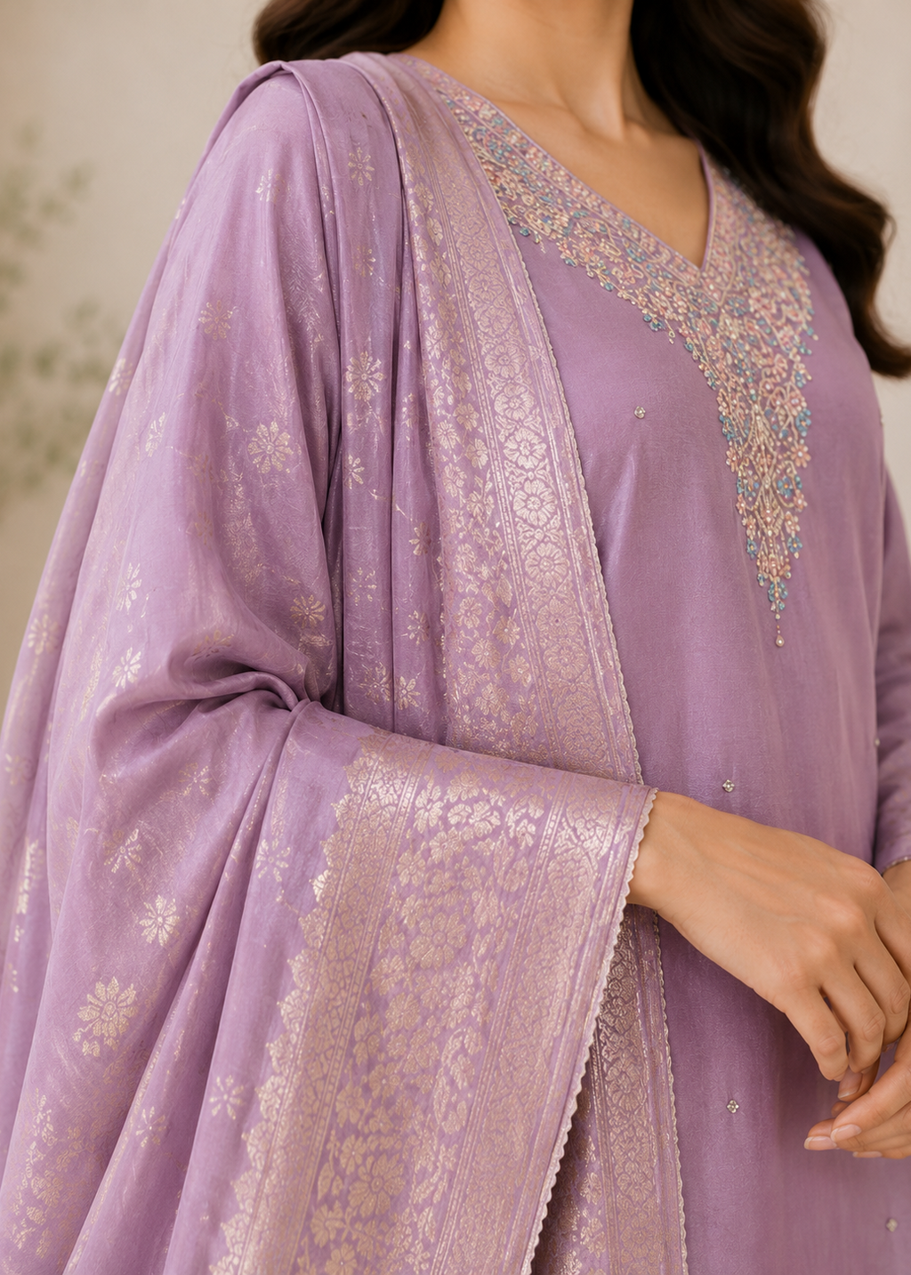 Lavender Zari Woven Dupatta Kurta Set with Embroidered Neckline