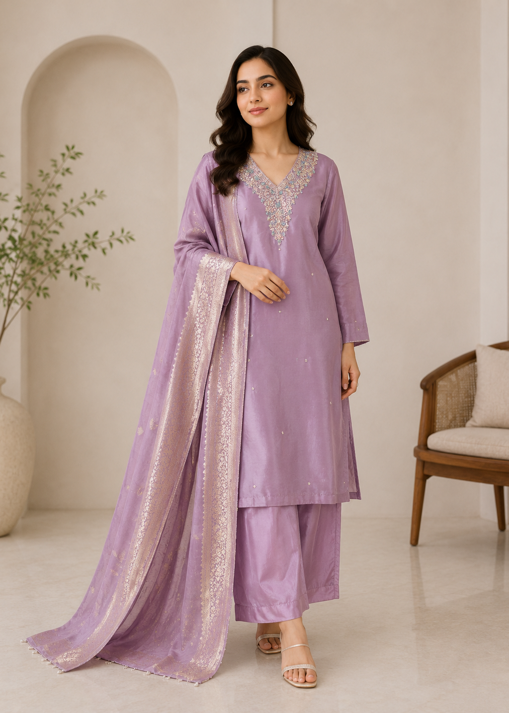 Lavender Zari Woven Dupatta Kurta Set with Embroidered Neckline