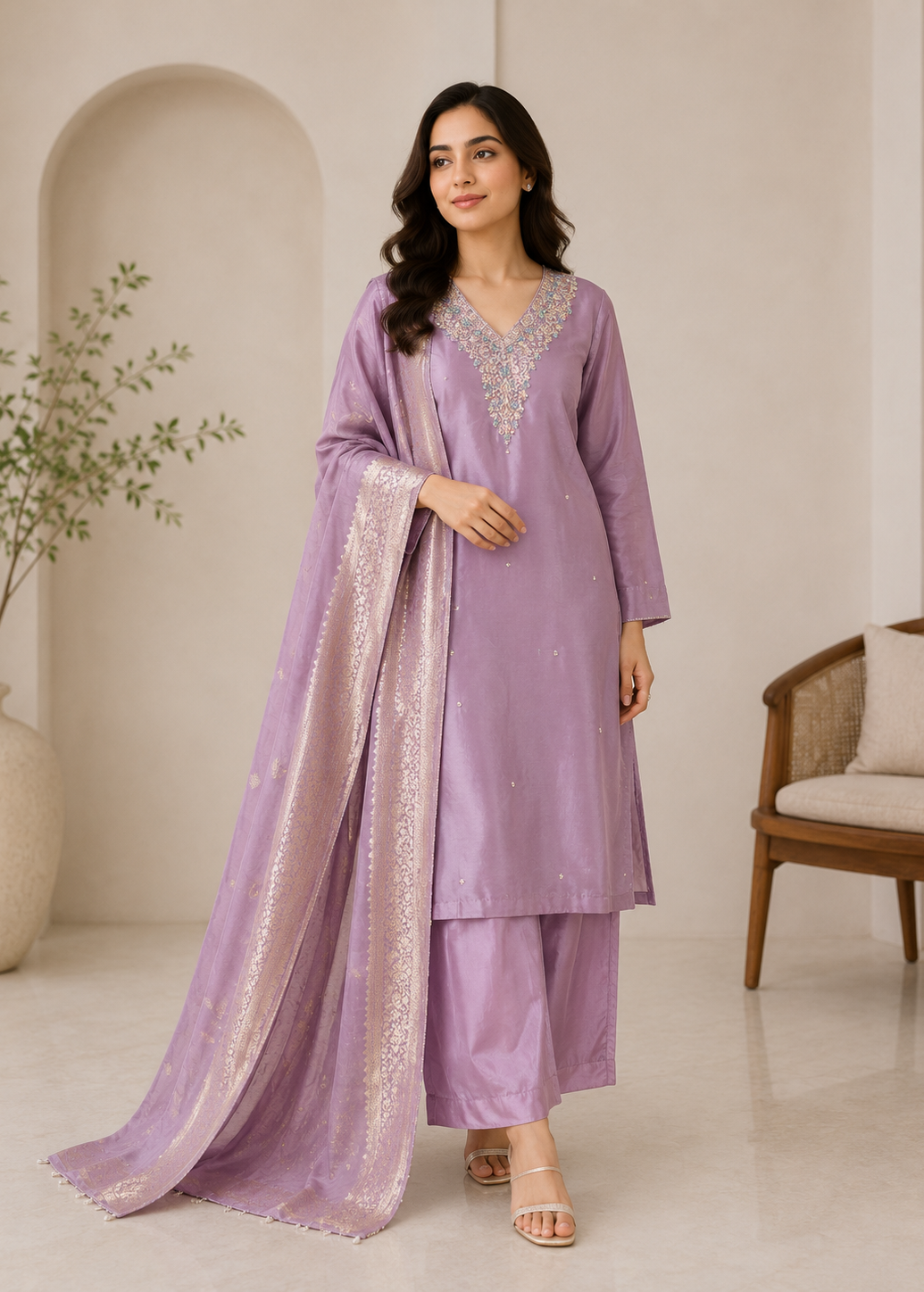 Lavender Zari Woven Dupatta Kurta Set with Embroidered Neckline