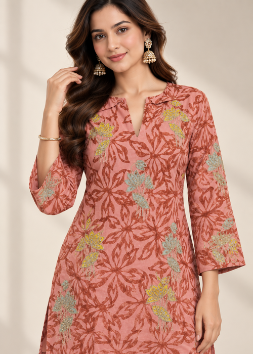 Peach Mal Chanderi Floral Embroidered Zari-work Co-ord Set