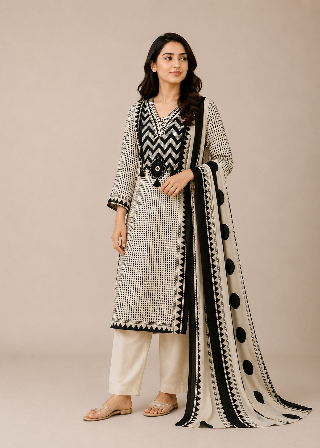 Ivory & Black Geometric Printed Kurta Set with Statement Dupatta