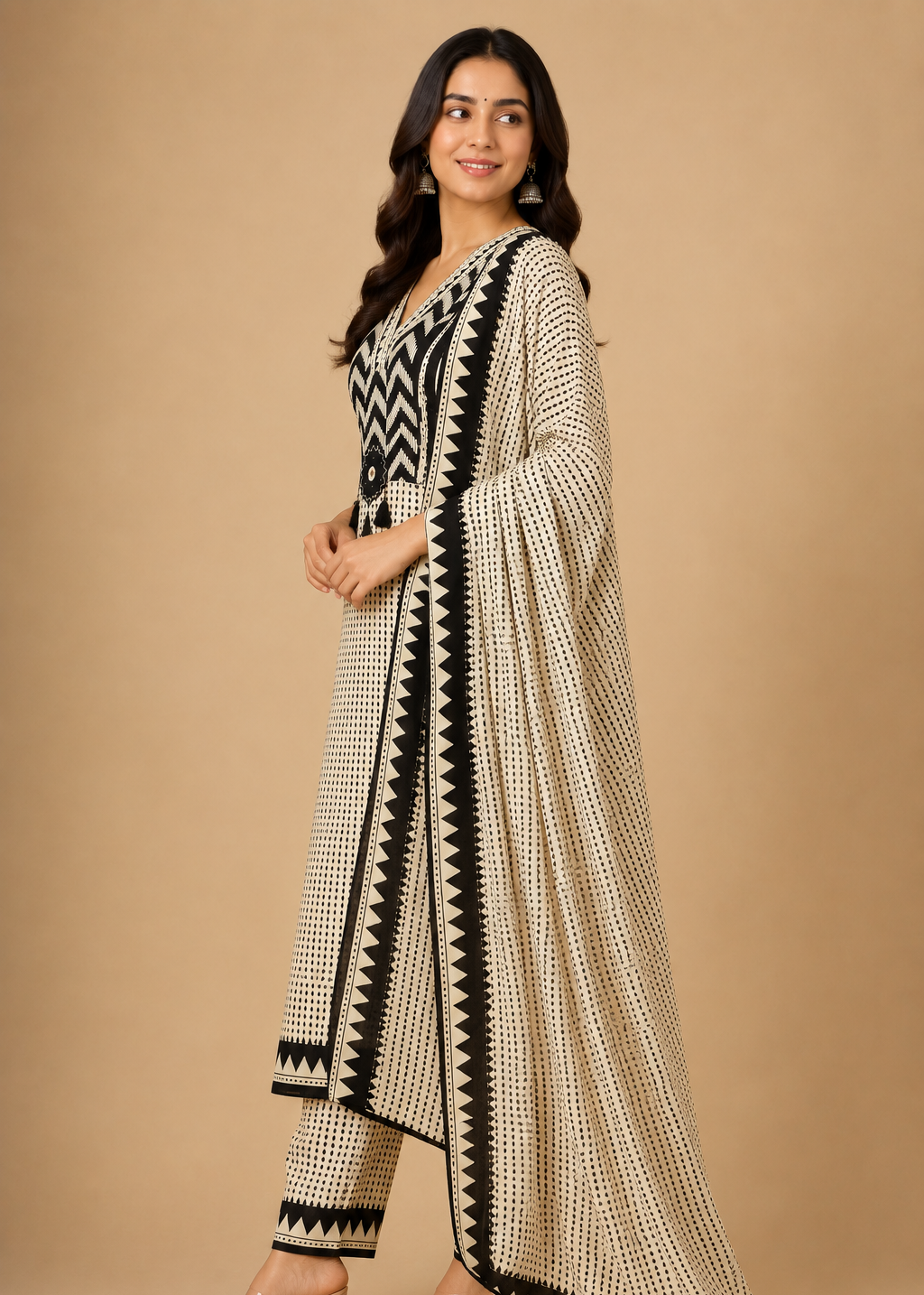 Ivory & Black Geometric Printed Kurta Set with Statement Dupatta