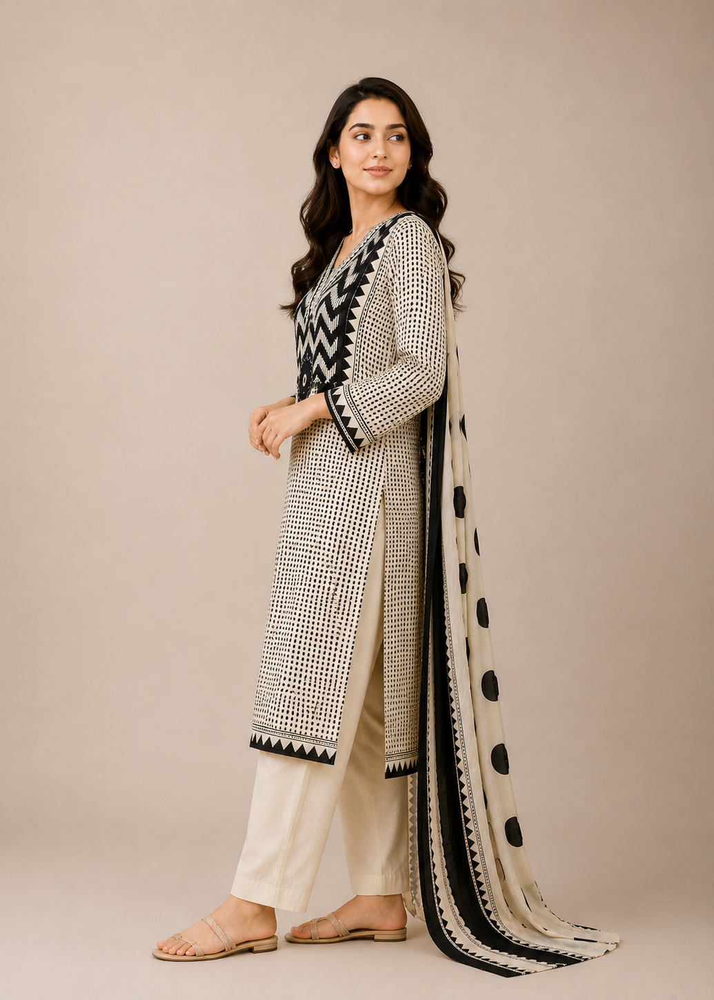 Ivory & Black Geometric Printed Kurta Set with Statement Dupatta