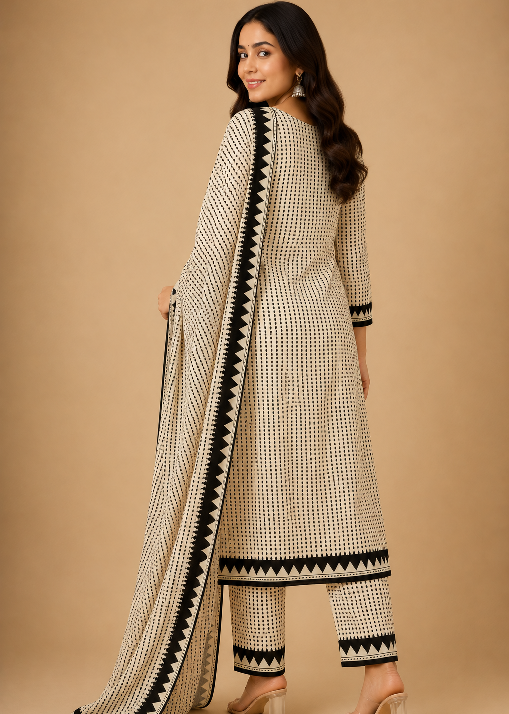 Ivory & Black Geometric Printed Kurta Set with Statement Dupatta
