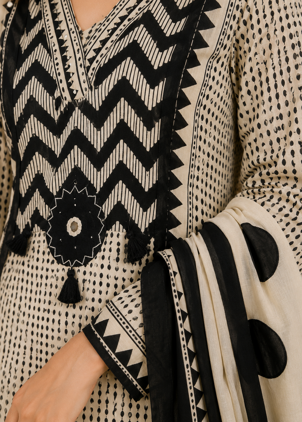 Ivory & Black Geometric Printed Kurta Set with Statement Dupatta