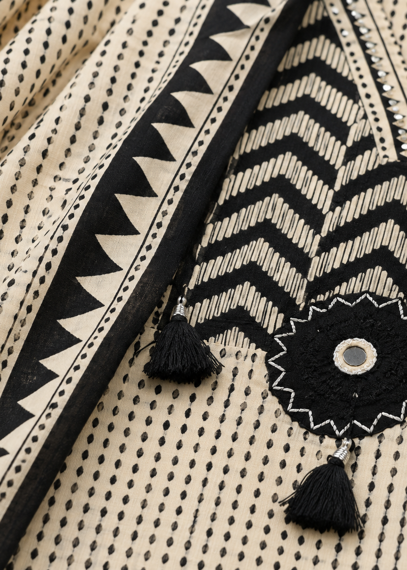 Ivory & Black Geometric Printed Kurta Set with Statement Dupatta