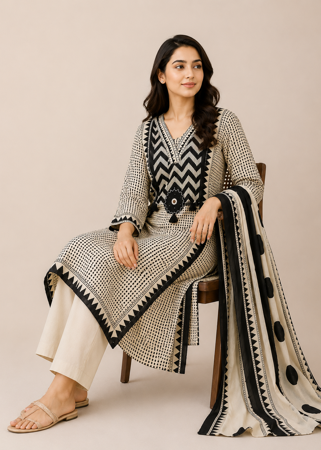 Ivory & Black Geometric Printed Kurta Set with Statement Dupatta