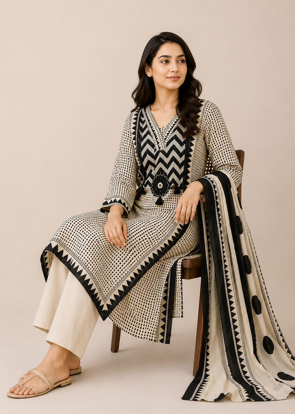 Ivory & Black Geometric Printed Kurta Set with Statement Dupatta