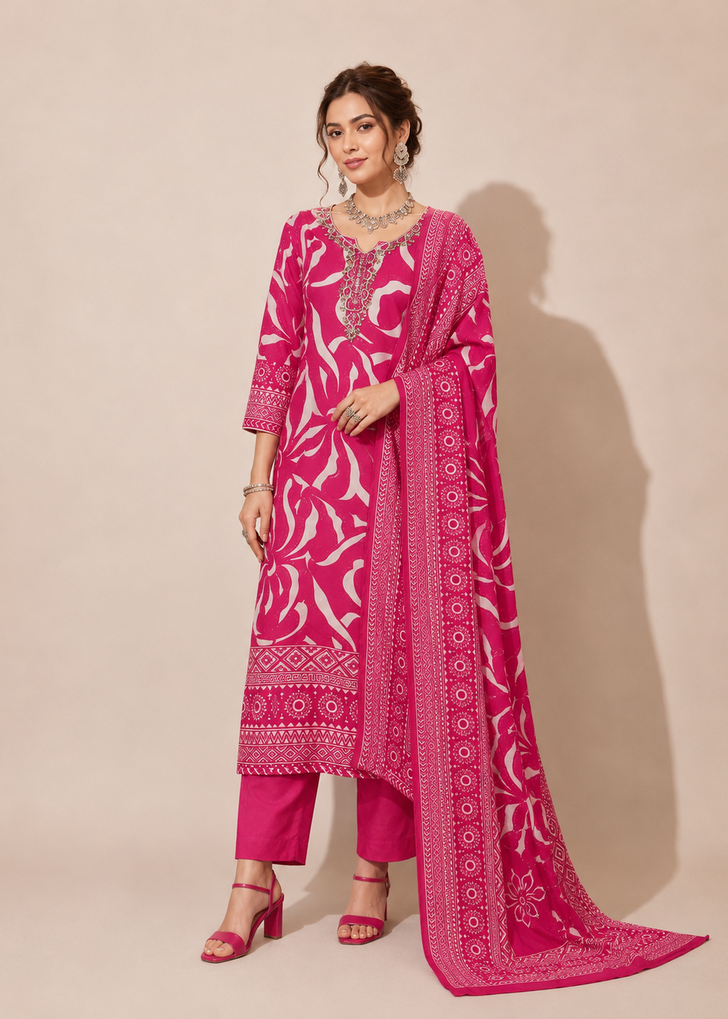A woman models a bright pink traditional Indian salwar kameez suit with white floral prints and a matching dupatta, set against a solid beige studio background.