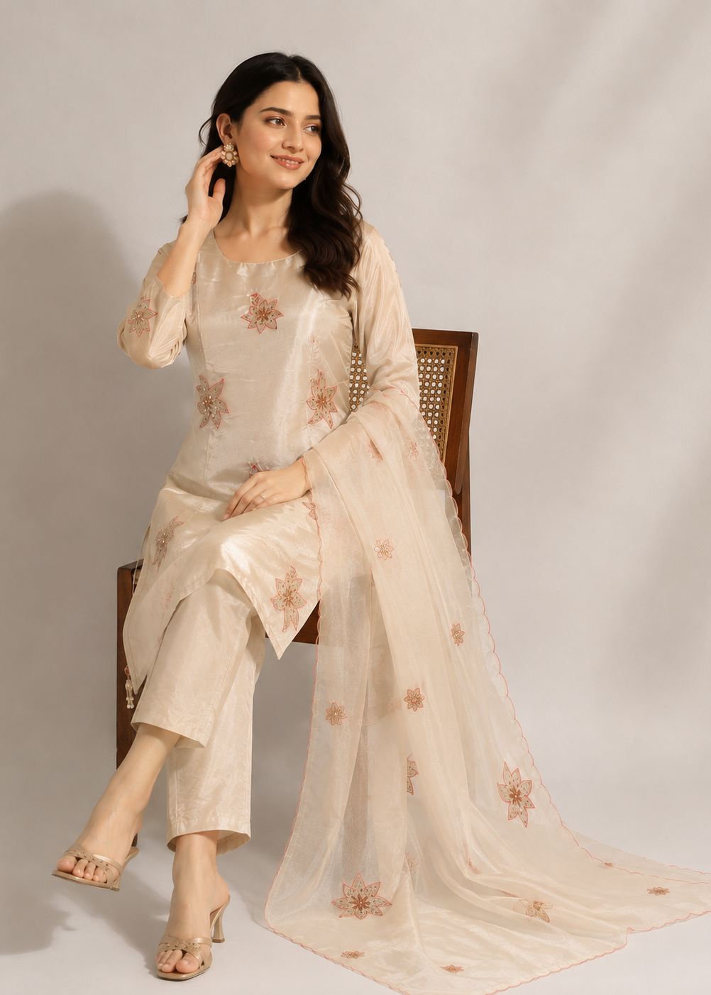 A woman models a traditional Indian salwar kameez suit in a light beige or cream color with brown floral embroidery. The set includes a long-sleeved tunic, matching cropped trousers, and a sheer dupatta.