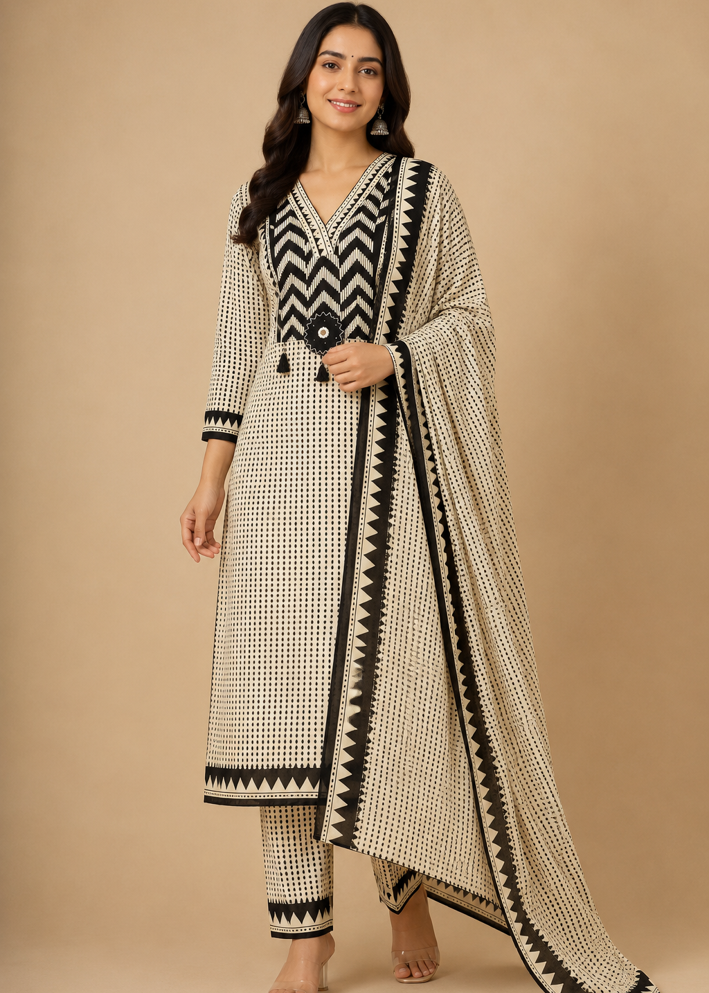 Ivory & Black Geometric Printed Kurta Set with Statement Dupatta