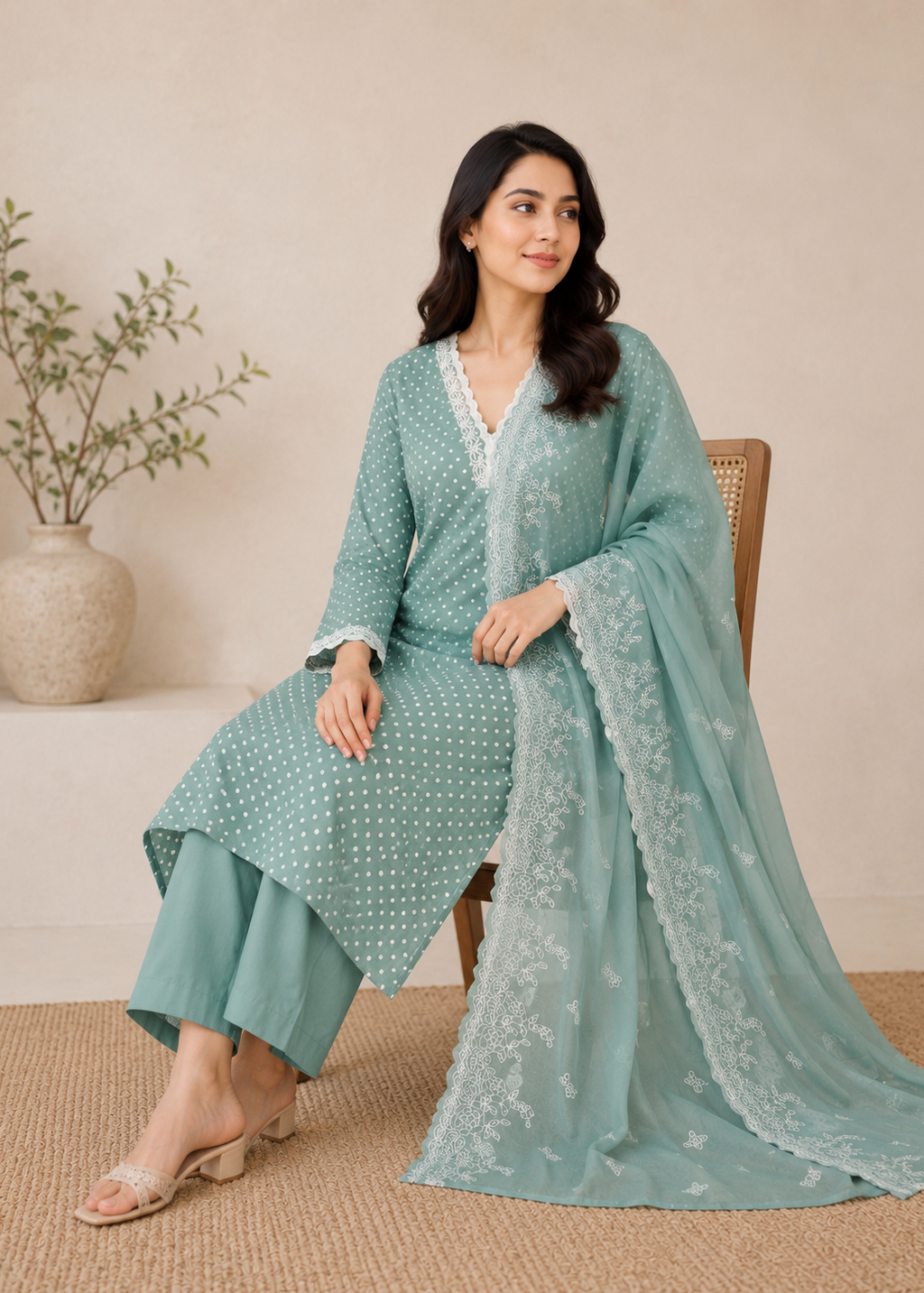 Mint Green Polka Dot Lace Kurta Set with Dupatta