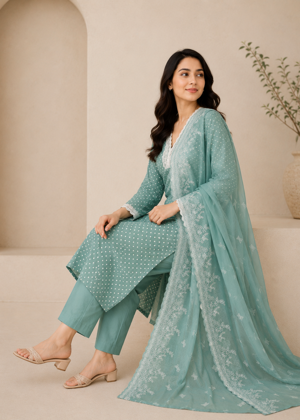 Mint Green Polka Dot Lace Kurta Set with Dupatta