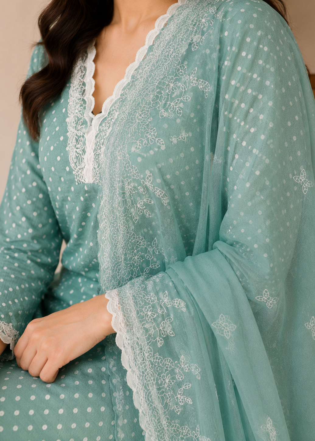 Mint Green Polka Dot Lace Kurta Set with Dupatta