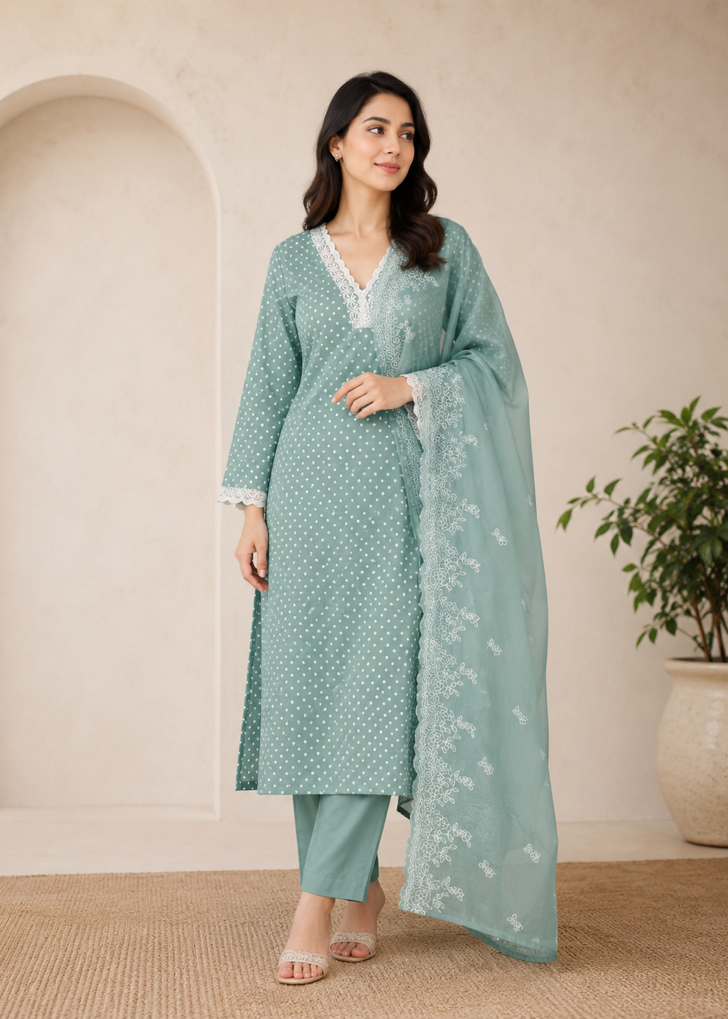 Mint Green Polka Dot Lace Kurta Set with Dupatta