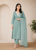 Mint Green Polka Dot Lace Kurta Set with Dupatta