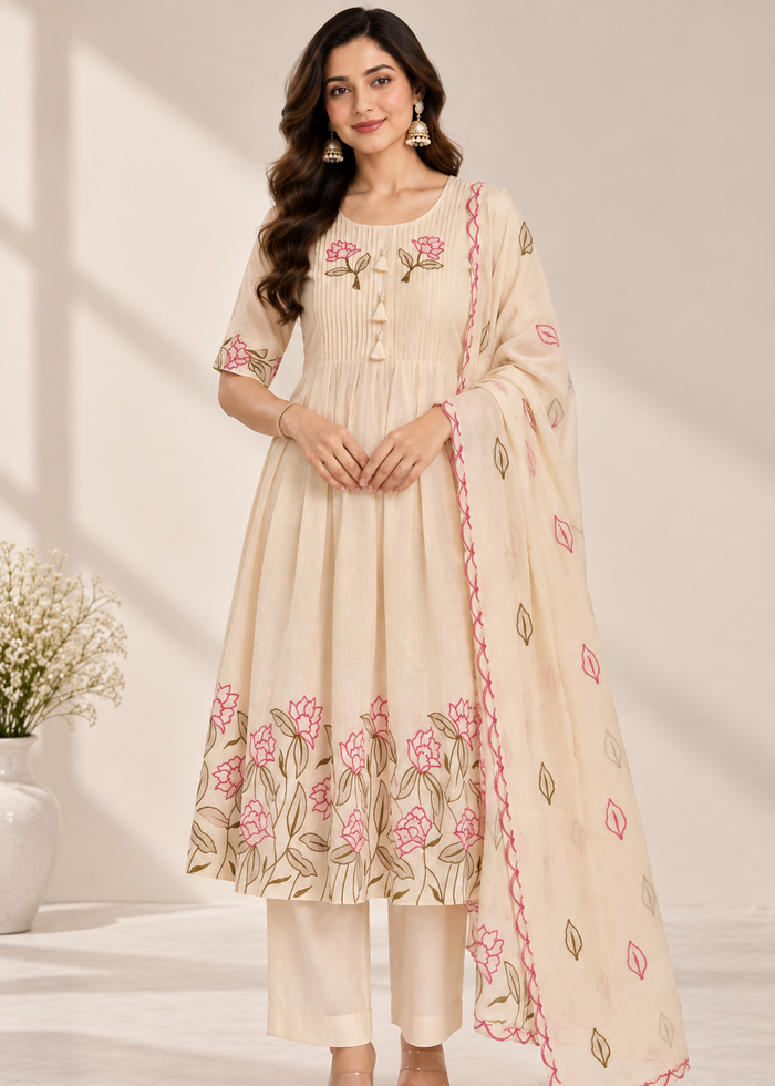 Ivory Mal Chanderi Floral Embroidered 3-Piece Suit Set