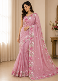 Elegant Beige Floral Embroidered Organza Saree With Scalloped Border