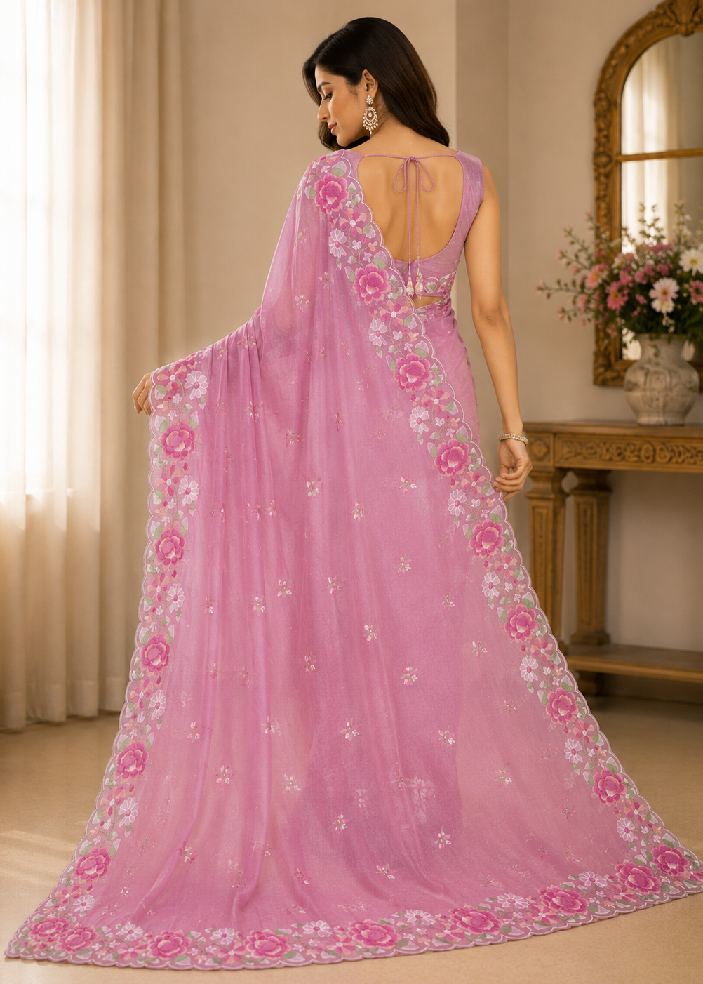 Elegant Beige Floral Embroidered Organza Saree With Scalloped Border