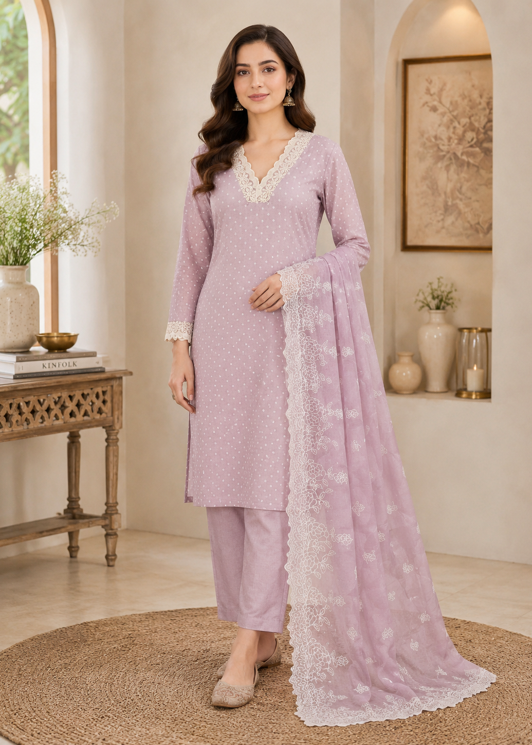 Elegant Blush Pink Polka Dot Kurta Set with Lace Dupatta
