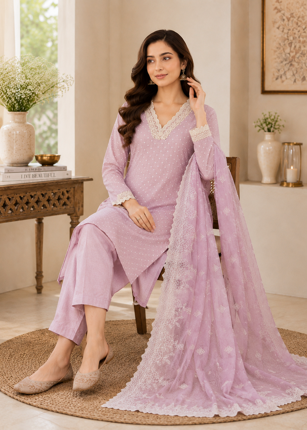 Elegant Blush Pink Polka Dot Kurta Set with Lace Dupatta