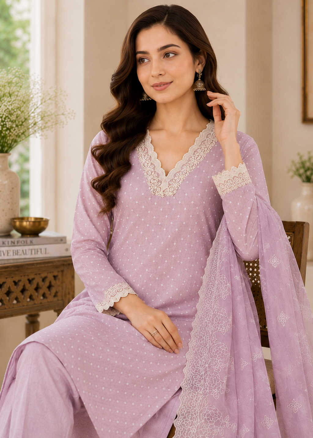 Elegant Blush Pink Polka Dot Kurta Set with Lace Dupatta