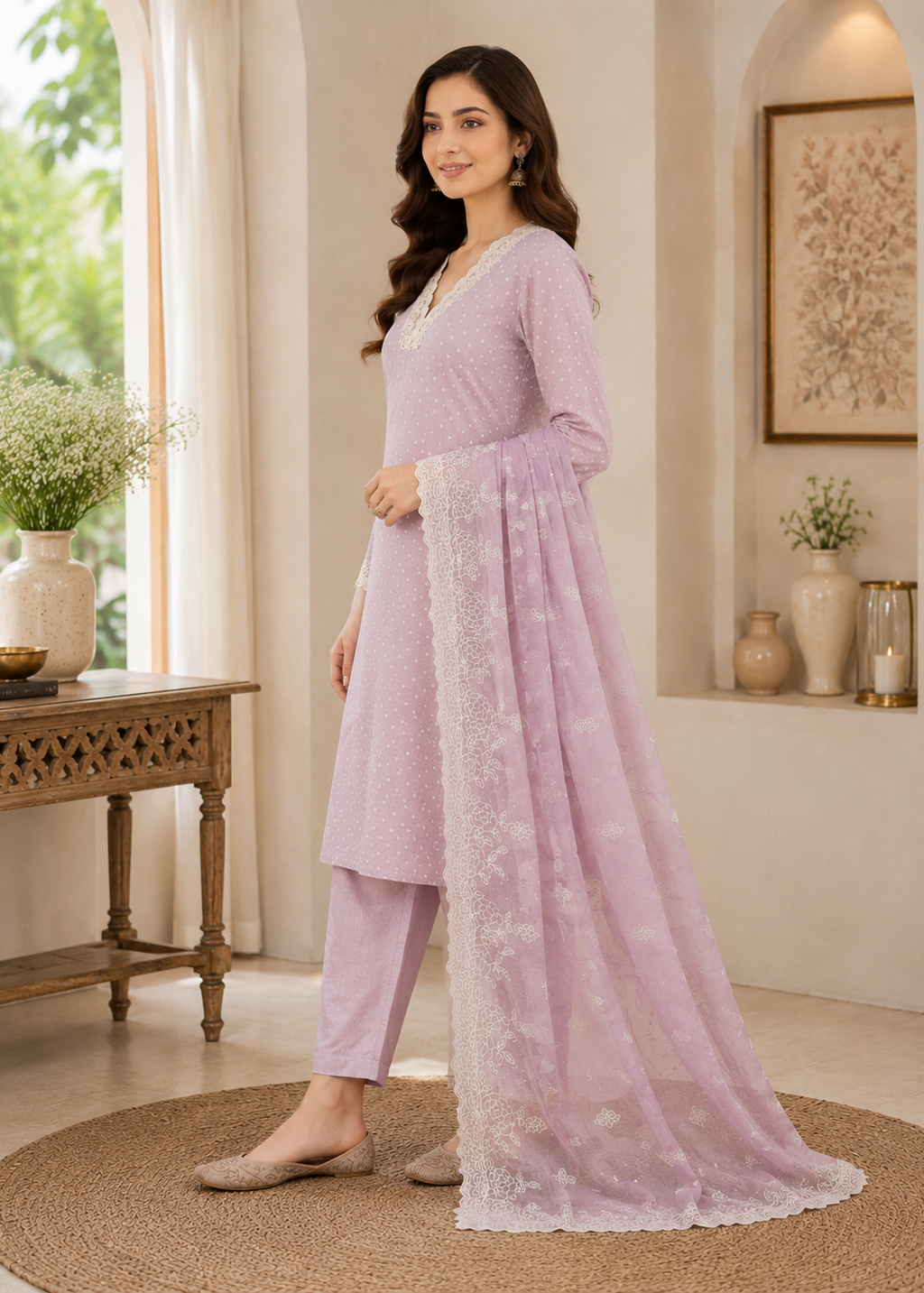 Elegant Blush Pink Polka Dot Kurta Set with Lace Dupatta