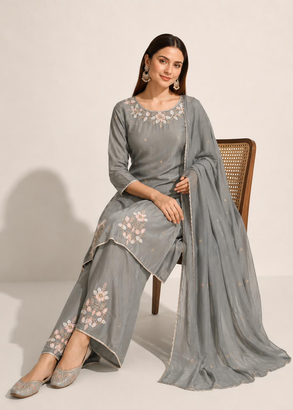 A woman models a three-piece gray ethnic suit set with floral embroidery, consisting of a kurta, wide-leg pants, and a matching dupatta, seated on a wooden chair against a neutral studio background.
