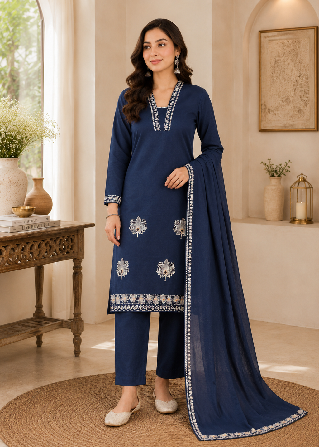 Noorva Navy Embroidered Kurta Set with Dupatta