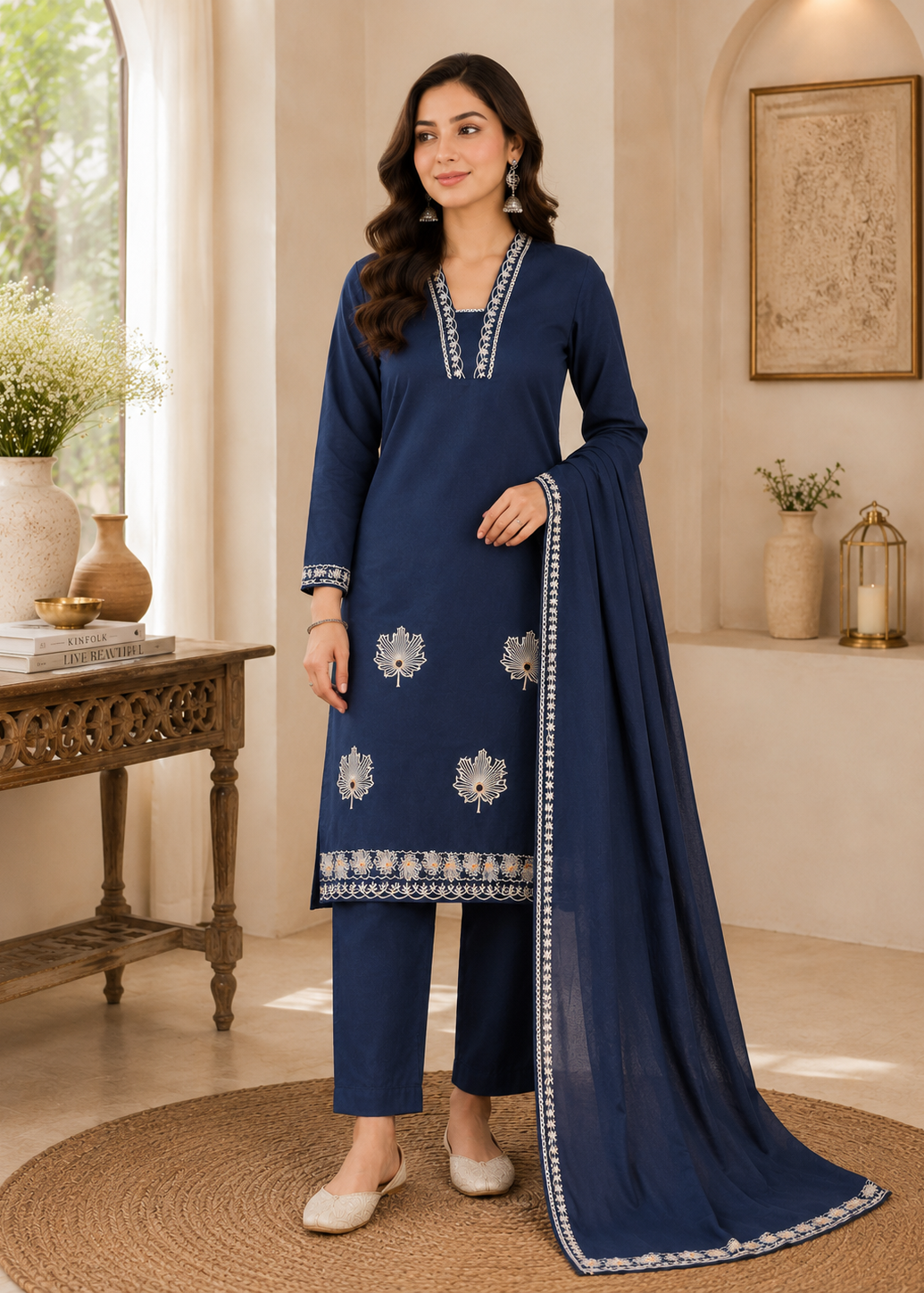 Noorva Navy Embroidered Kurta Set with Dupatta
