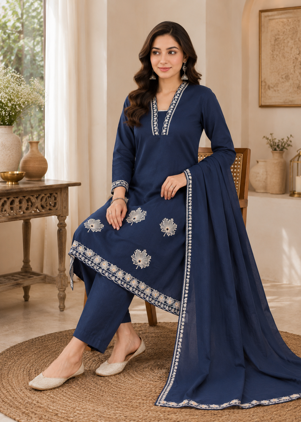 Noorva Navy Embroidered Kurta Set with Dupatta