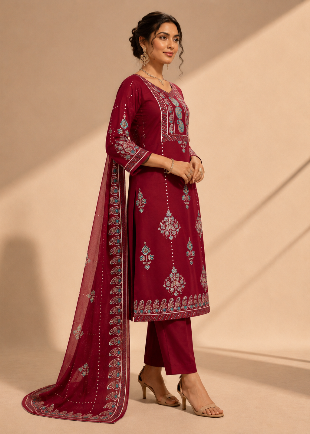 A woman models a deep maroon salwar kameez suit with silver and white embroidery, matching trousers, and a coordinating dupatta, set against a warm beige studio backdrop.