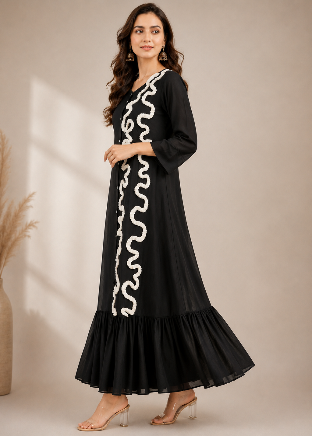 Noiré Flared Black Maxi Dress for Women