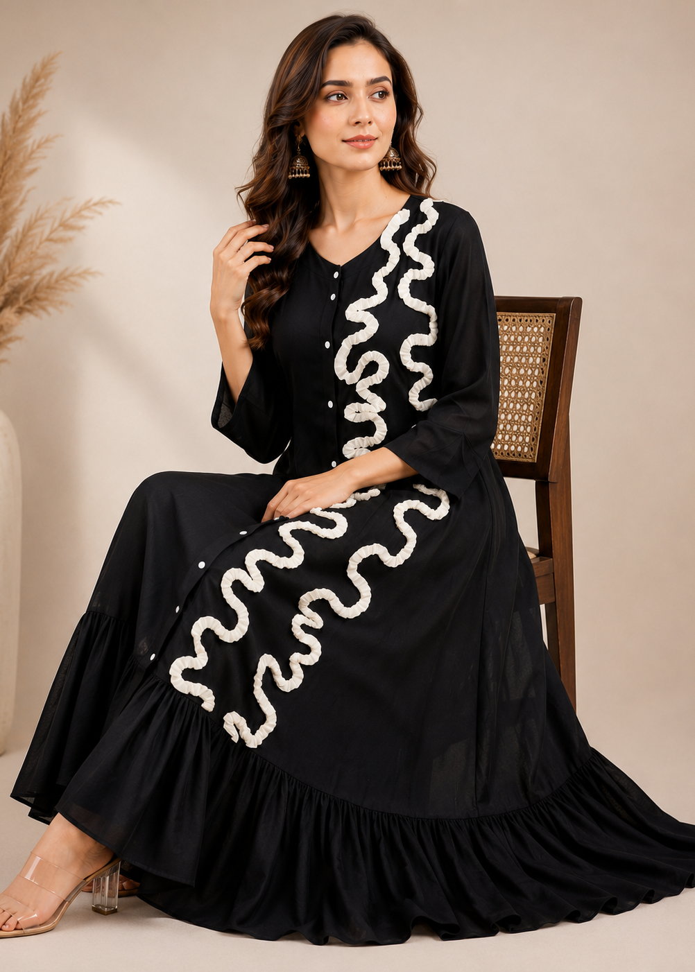 Noiré Flared Black Maxi Dress for Women