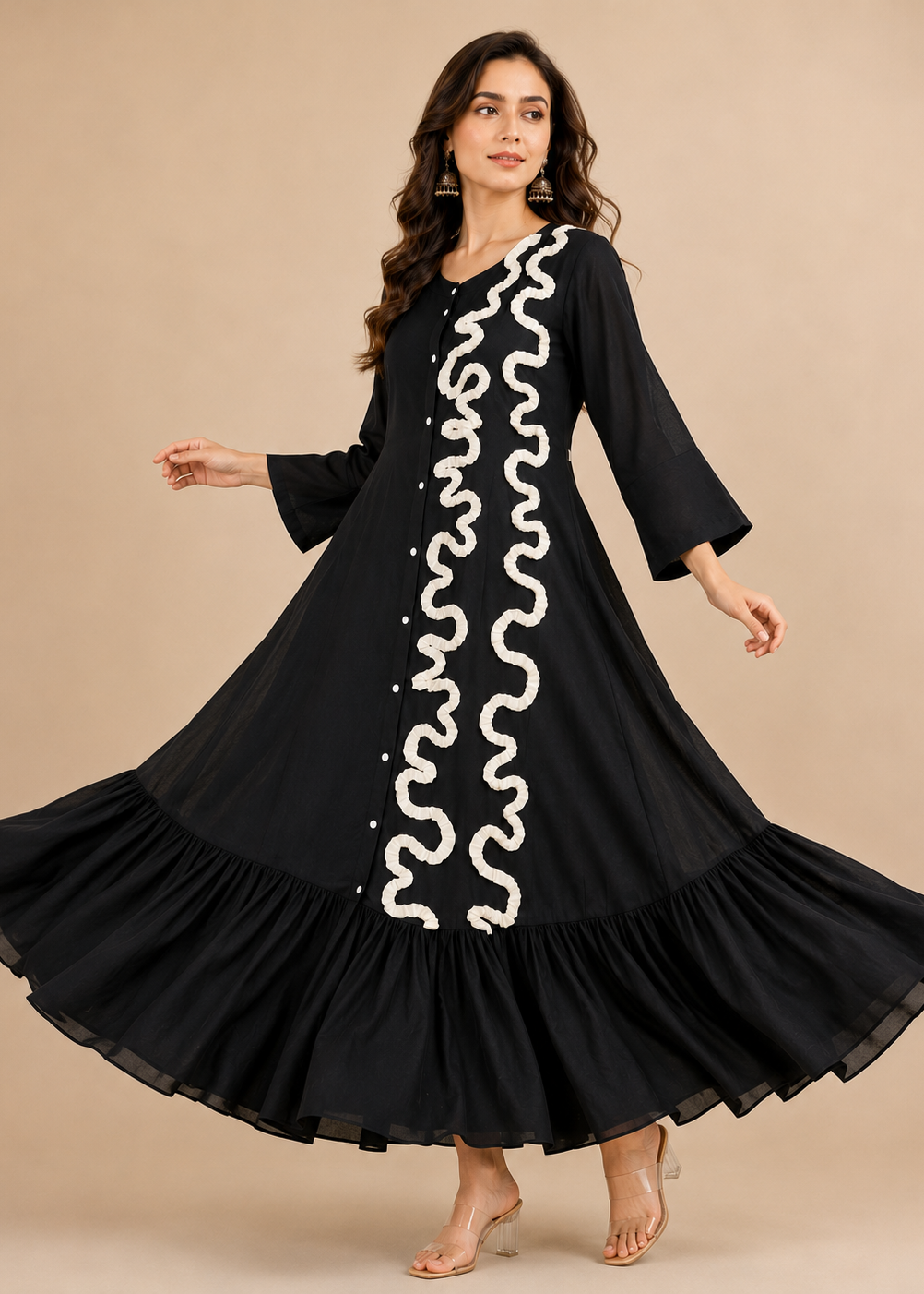 Noiré Flared Black Maxi Dress for Women