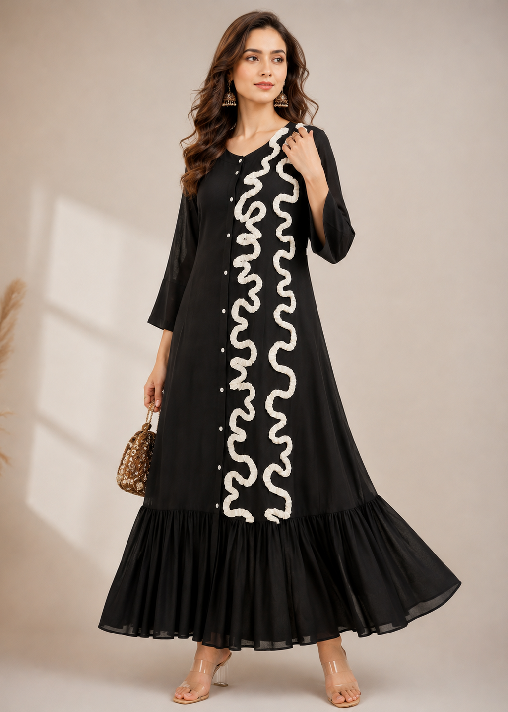 Noiré Flared Black Maxi Dress for Women