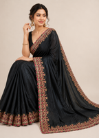 Royal Black Velvet Embroidered Saree with Heritage Elephant Border