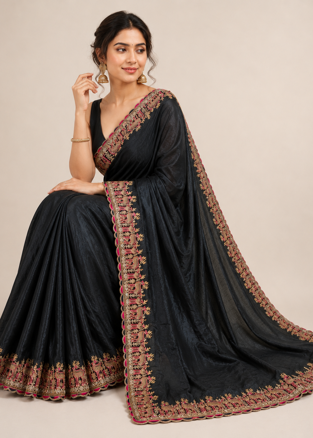 Royal Black Velvet Embroidered Saree with Heritage Elephant Border